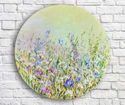 daisies painting, original round canvas painting, summer landscape, impasta, canvas 20 inches