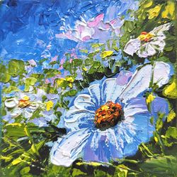 chamomile painting small oil painting daisies field original impasto art chamomile art work 4" by 4" by kartyulia