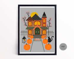 cross stitch pattern halloween house