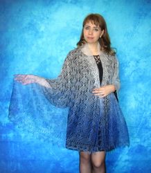 blue knitted scarf, warm russian orenburg shawl, wool wrap, goat down stole, bridal cover up, kerchief, pashmina, cape