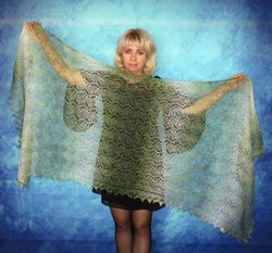 hand knit green scarf, warm russian shawl, orenburg wool wrap, goat down stole, cover up, kerchief, headscarf, cape