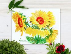 yellow sunflowers, watercolor original, flower, floral gift