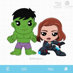 cute baby hulk and black widow natasha clipart, superhero baby svg, baby avenger svg, hulk svg, natasha svg