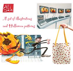 a set of illustrations and halloween patterns