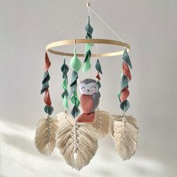 boho baby mobile, baby mobile owl, macrame baby mobile, crib mobile, boho nursery decor, girl nursery, girl baby mobile