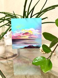 original seascape painting. pink cloud painting. ocean oil painting