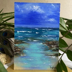 encaustic seascape. fantasy landscape painting. emerald green ocean painting