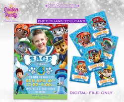 paw patrol invitation, paw patrol invite, paw patrol card with photo, paw patrol birthday