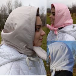 warm hood kerchief. winter hood scarf. waterproof, quilted hood. detachable puffy hooded. winter hat shawl. beige hood.