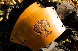 celtic leather bracer for larp or cosplay costume. yggdrasil tree of life. nordic style vambrace. viking pagan gauntlet.