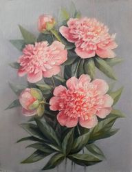 peonies. oil painting. canvas on fiberboard. original