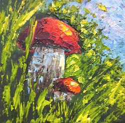 painting mushrooms small red mushrooms oil original art impasto wall art miniature art work 4" by 4" by kartyulia