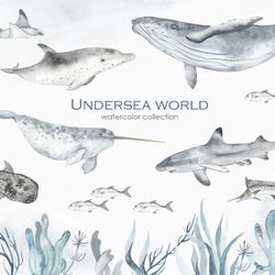 undersea world watercolor clipart. marine animals - fishes, sharks, whales, dolphins, stingrays, octopuses.