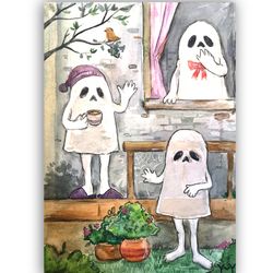 ghost painting fairytale original art halloween artwork watercolor painting small artwork by artroom22