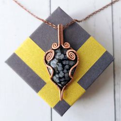 obsidian necklace. wire wrapped copper pendant with snowflake obsidian.