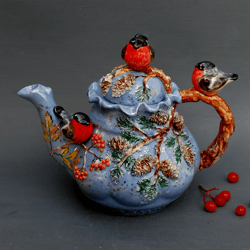 blue porcelain art teapot birds figurines rowan pine berries decor bullfinch sculpture teapot ceramic collectible ware