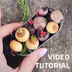 miniature beets and turnips. tutorial polymer clay. mini fake vegetables. video. miniature toys diy. clay pattern.