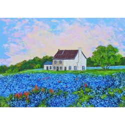 bluebonnet painting texas original art farm wall art landscape artwork impasto oil painting