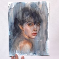 original small watercolor painting asian beautiful girl wall art decor female painting