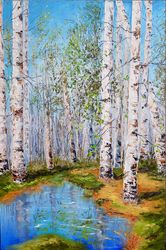 landscape with birch trees, original painting on canvas, forest in spring birch, aspen, summer landscape painting