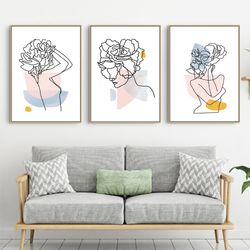 Women Line Art Flower Women Set of 3 Prints Line Drawing Living Room Art Flowers Face Painting Digital Download Wall Art