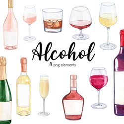 alcohol drinks watercolor clipart, bottles and glasses png