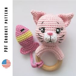 crochet cat rattle pattern, amigurumi cat and fish teething ring, digital pdf baby toy pattern by crochettoysforkids