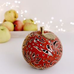 handmade ceramic apple figurine - xmas tealight holder ceramic pottery candle holder - christmas red tray decor