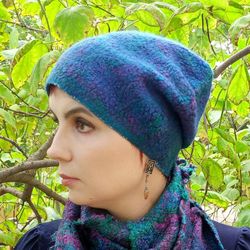 handmade wool wetfelting double-sided hat octarine