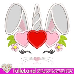 bunny unicorn horn valentines day design applique for machine embroidery