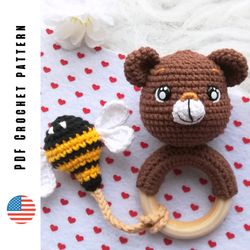 crochet bear rattle pattern, amigurumi bear and honey bee teething ring, pdf baby toy pattern by crochettoysforkids