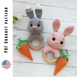 crochet bunny rattle pattern, amigurumi bunny and carrot teething ring, pdf baby toy pattern by crochettoysforkids