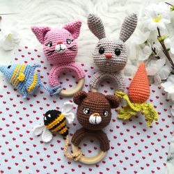 set of 3 crochet rattle patterns - bunny and carrot, bear and bee, cat and fish, baby toy pattern by crochettoysforkids