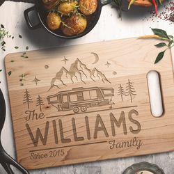 rv gifts, camper decor, rv decor, custom camping, personalized cutting board, camping wedding gift, camping family name