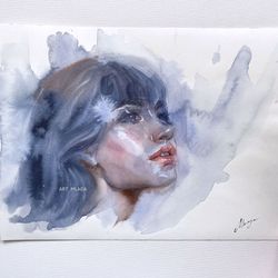 indigo blue watercolor painting woman portrait wall art decor female painting