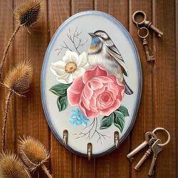 the bird on a rose wooden key holder, hand painted, decorative key hook, gift for new home