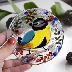 candy dish or dessert plates with bird tit - fused glass hand painted plates