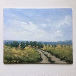 country road original painting countryside oil painting neutral artwork trees wall art