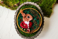 brooch mr. squirrel embroidered miniature, brooch with beads and velvet