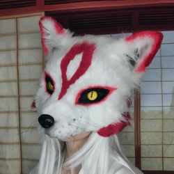 mto kitsune fox headdress faux fur realistic mask adult