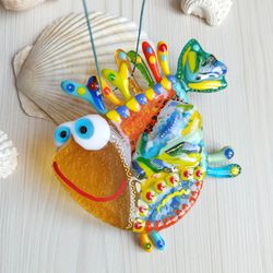 fancy fused glass fish. glass wall art. garden art rainbow glass fish suncatcher