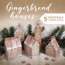 christmas gingerbread 5 houses diy gift boxes template. vintage craft paper house printable pdf files set for print