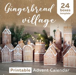 vintage christmas advent calendar gingerbread village houses template. printable 24 boxes countdown to christmas.