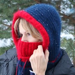 wool balaclava, hooded scarf, angora women bonnet, fluffy hood lots of colors, custom balaclava hat, christmas hood