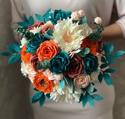 burnt orange and teal wedding bouquet. teal bridesmaid bouquet. fall wedding bouquet. rust orange wedding bouquet.