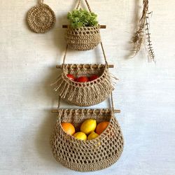 jute wall basket hanging fruit basket boho style three tier set 3 kitchen storage eco friendly interior zero waste