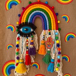 macrame rainbow wall hanging, evil eye and hamsa hand, hippie room decor, housewarming gift, dorm room decoration