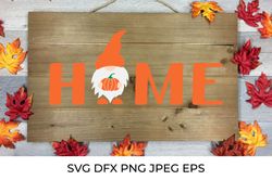 Home lettering. Gnome holding pumpkin. Fall welcome sign SVG cut file