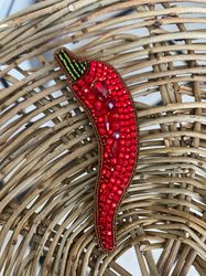 brooch with beaded, embroidery, red pepper brooch. beaded brooch pepper jewelry brooch pepper embroidered brooch pepper