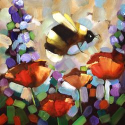 bee oil painting flower original art impasto painting poppy artwork canvas art